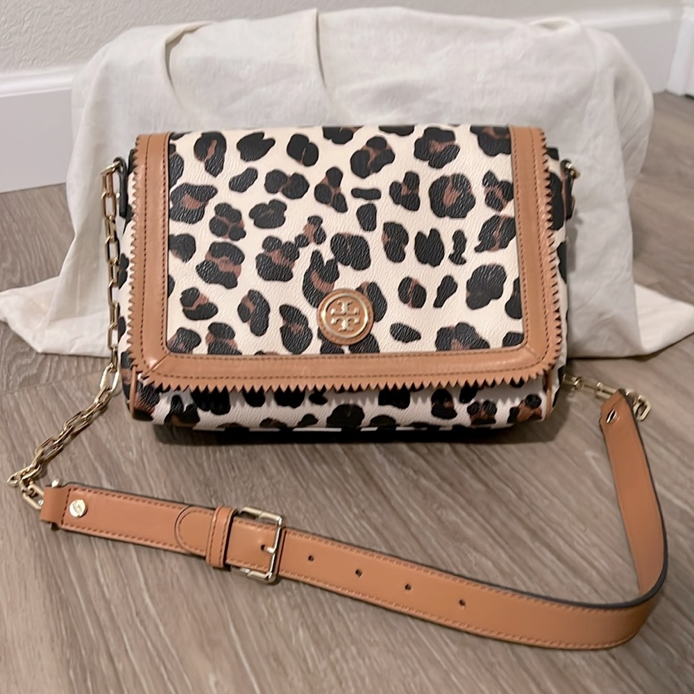 Tory Burch Leopard Print Crossbody Bag with Gold Chain